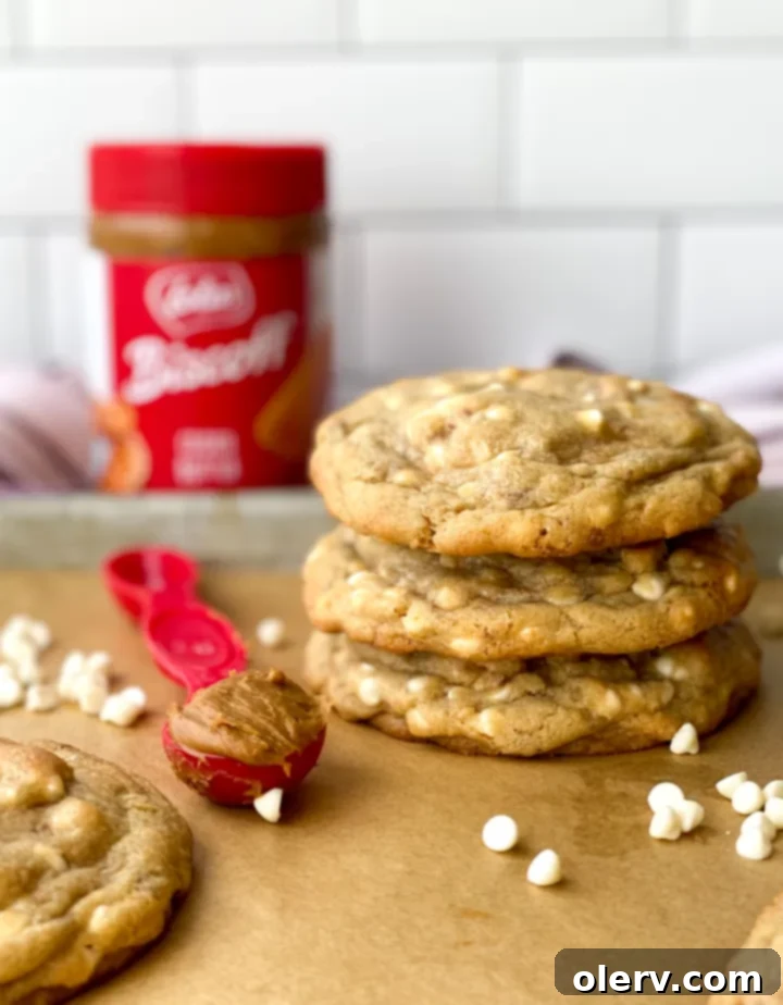 White Chocolate Cookie Butter Bliss 2 Two perfectly baked, giant white chocolate cookie butter cookies, one broken open to reveal the gooey Biscoff center.