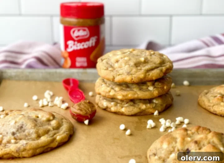 White Chocolate Cookie Butter Bliss 8 A stack of three giant white chocolate cookie butter cookies, showcasing their thickness and deliciousness.