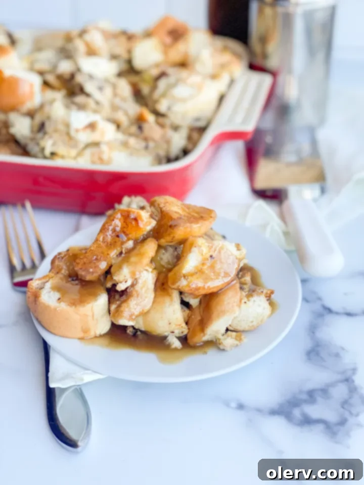 Make Ahead French Toast Bake 5 A small saucepan on a stovetop, containing the ingredients for homemade caramel syrup, gently simmering.
