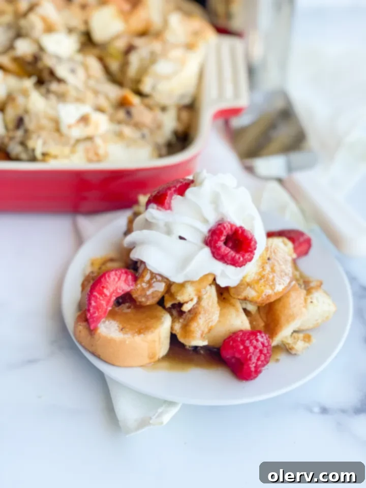 Make Ahead French Toast Bake 6 Overnight French toast casserole baked to golden perfection, served with a generous drizzle of homemade caramel syrup.