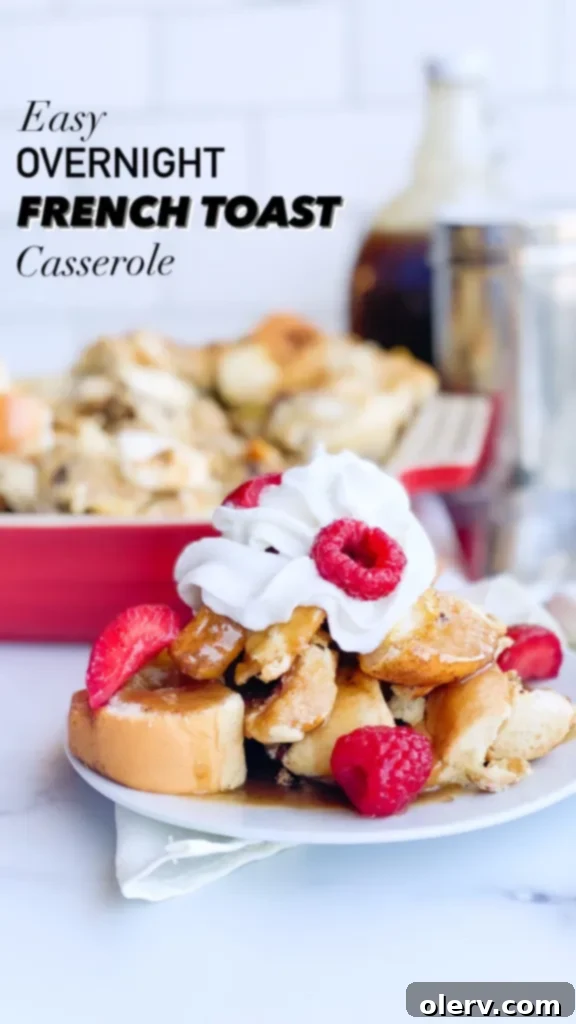 Make Ahead French Toast Bake 9 Pinterest graphic for Overnight French Toast Casserole, featuring a delicious image of the dish.