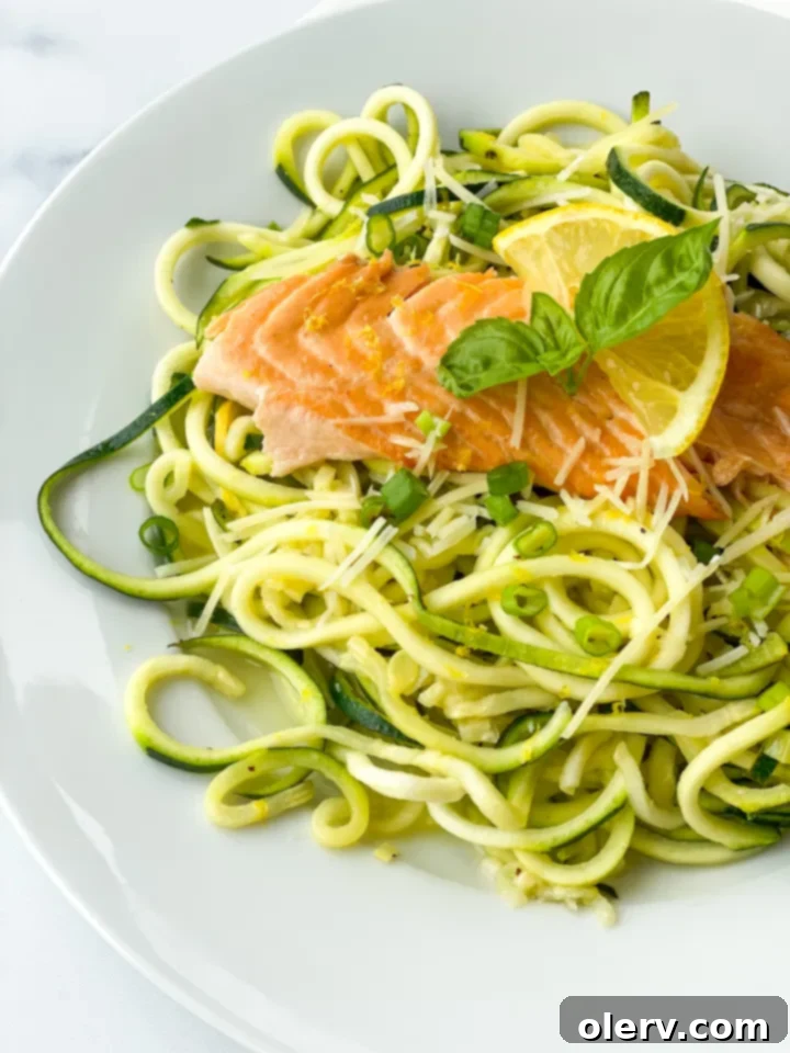 Zesty Salmon with Zucchini Ribbons 7 Another view of Lemon Salmon with Zucchini Noodles on a plate