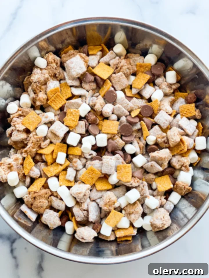Campfire Crunch Bites 5 S'more Muddy Buddies being mixed in a large Ziploc bag