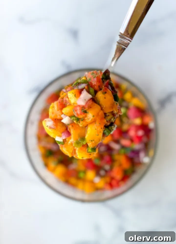 Sun-Kissed Peach Salsa 5 A wooden spoon scooping a portion of fresh peach salsa from a bowl, highlighting the chunky texture and colorful ingredients.