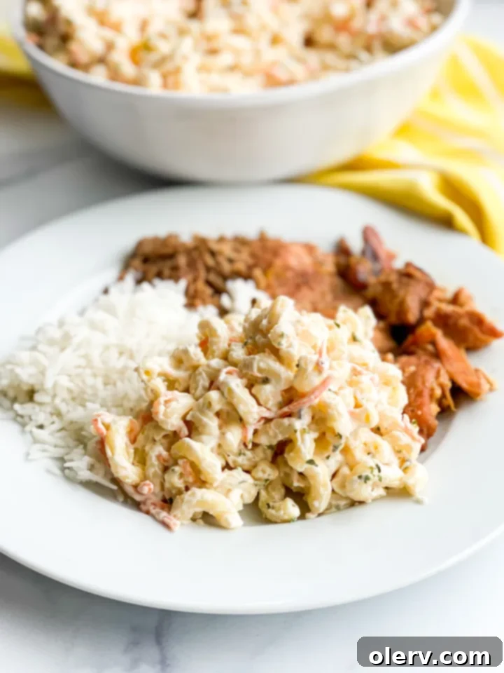 Creamy Island Macaroni Salad 2 Creamy Hawaiian Macaroni Salad in a serving bowl