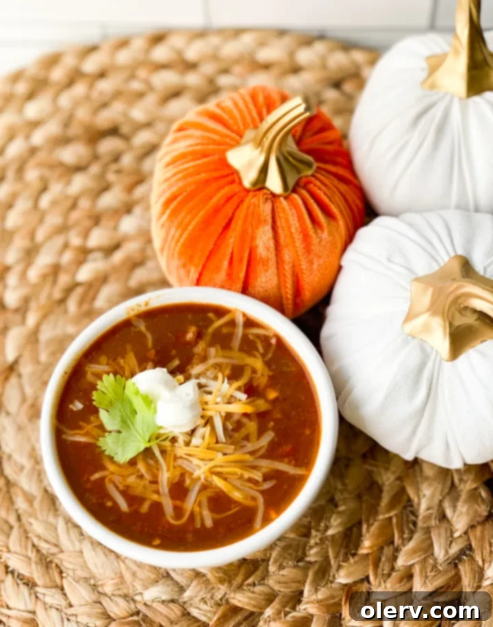 Hearty Pumpkin Chili in a bowl, garnished with fresh herbs
