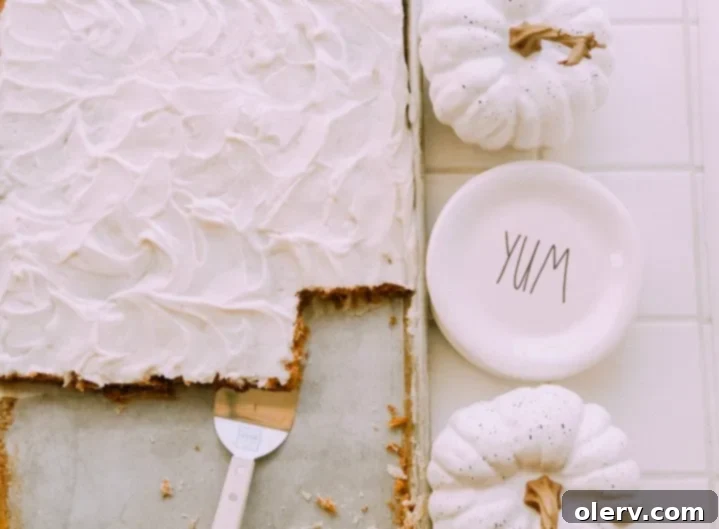 Pumpkin Sheet Cake topped with smooth cream cheese frosting