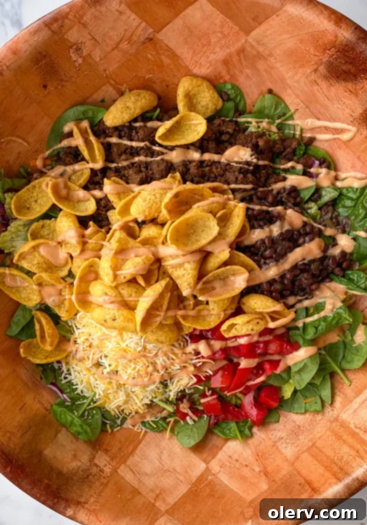 Frito Fiesta Salad 3 Close-up of a serving of Zesty Tossed Frito Salad, showing seasoned ground beef, melted cheese, and fresh ingredients.