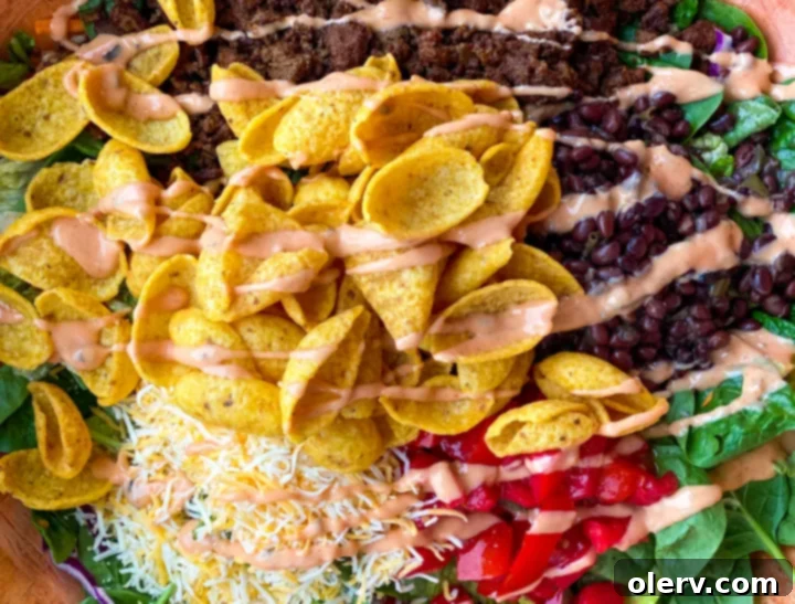 Frito Fiesta Salad 4 Ingredients for Zesty Tossed Frito Salad laid out before mixing, including Fritos and a bowl of dressing.