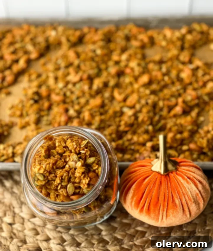 Pumpkin Spice Crunch 3 Ingredients for pumpkin granola laid out on a kitchen counter, showcasing fresh cashews, pumpkin seeds, and spices.