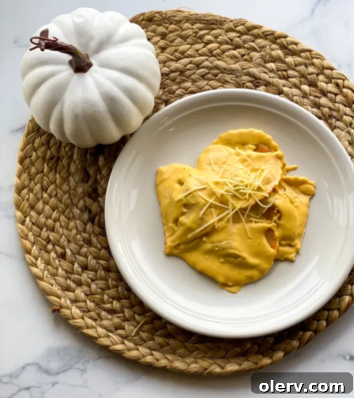 Creamy Pumpkin Alfredo 5 A bowl of pumpkin alfredo pasta served with pumpkin ravioli, garnished with parsley and a spoon, ready to be eaten.