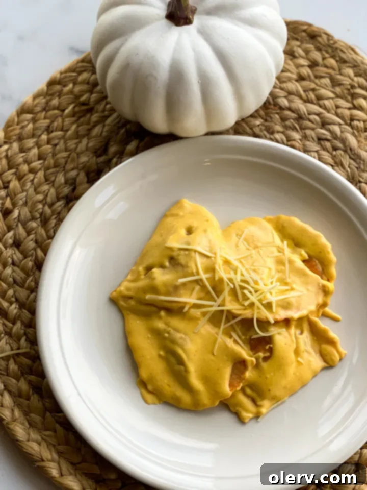 Creamy Pumpkin Alfredo 6 A bowl of pumpkin alfredo pasta with a fork, showing the creamy texture of the sauce and the pasta.