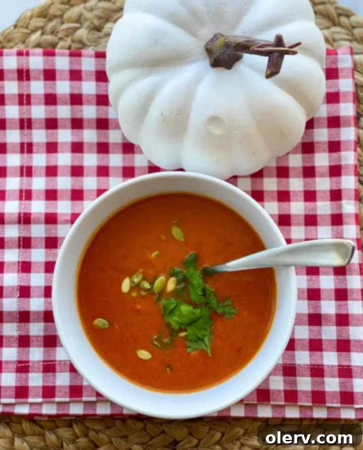 Velvet Roasted Red Pepper Pumpkin Soup 5 A smooth, richly colored roasted red pepper and pumpkin soup filling a white bowl, garnished with a swirl of cream and fresh herbs, ready for serving.
