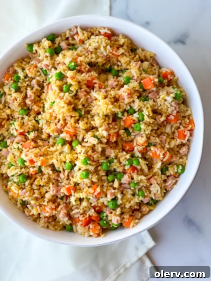 Quick Instant Pot Ham Fried Rice 2 A close-up shot of freshly made Instant Pot Ham Fried Rice, garnished with green onions.