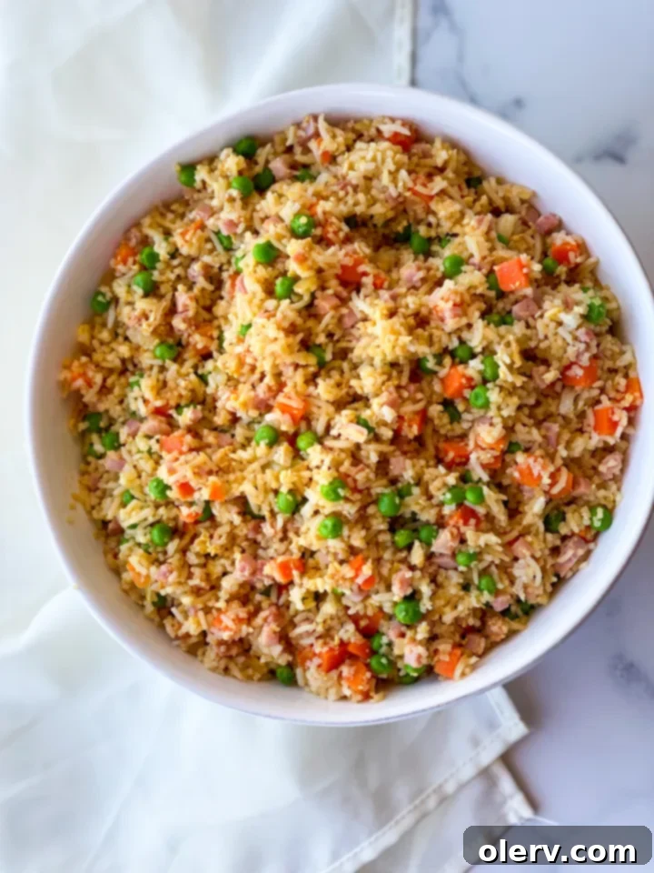 Quick Instant Pot Ham Fried Rice 5 A bowl of Instant Pot Ham Fried Rice ready to be served, garnished with green onions and a spoon.