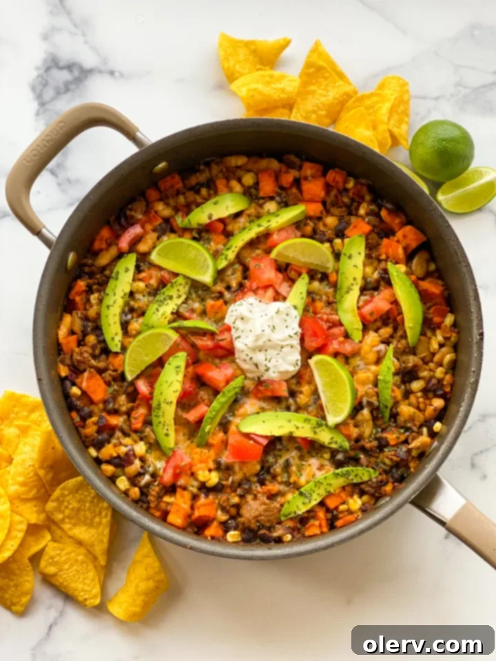 One-Pan Skillet Enchiladas 2 Delicious One-Pan Skillet Enchiladas topped with fresh avocado and tomatoes