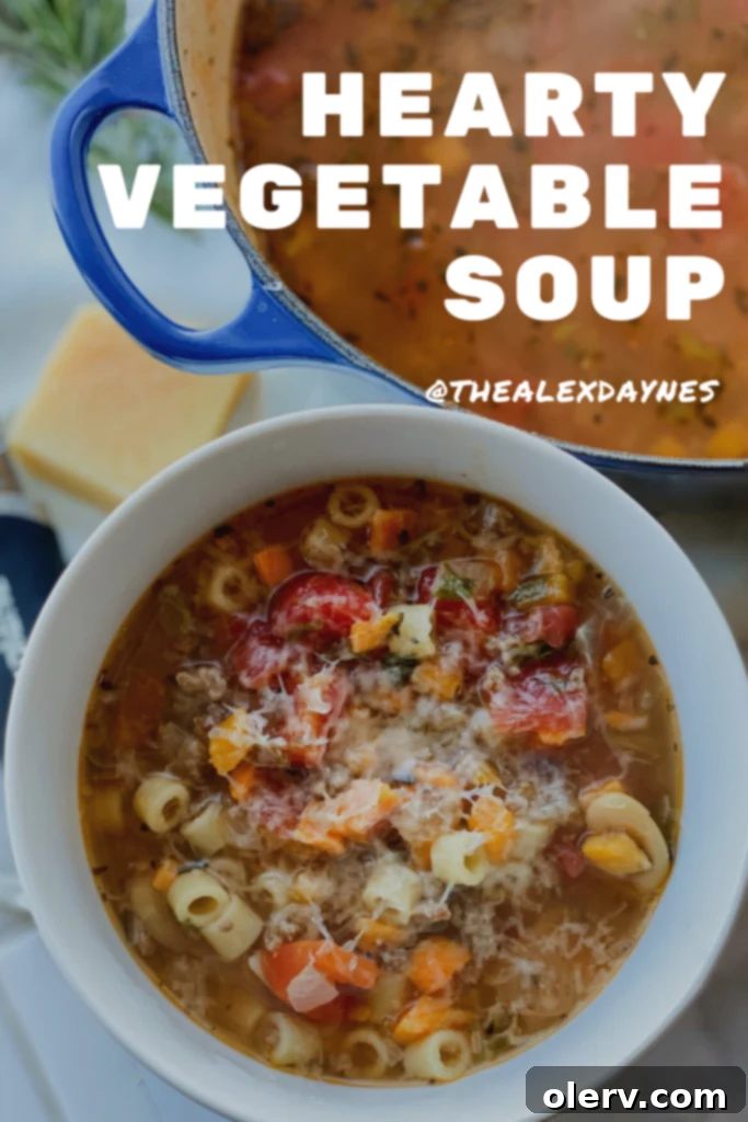 Wholesome Harvest Soup 7 Pinterest graphic for Hearty Ground Beef Vegetable Soup, showing a bowl of soup and text overlay for pinning.