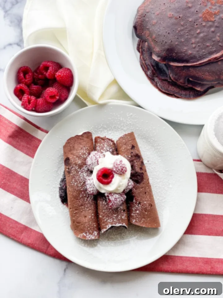 Close-up of chocolate crepe batter being poured into a blender
