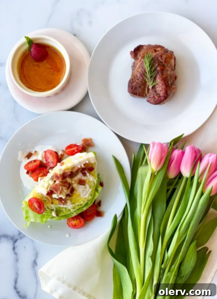 Our Own Romantic Restaurant 2 A beautifully plated romantic dinner for two at home, featuring a perfectly cooked steak, a refreshing wedge salad, and a elegant dessert.