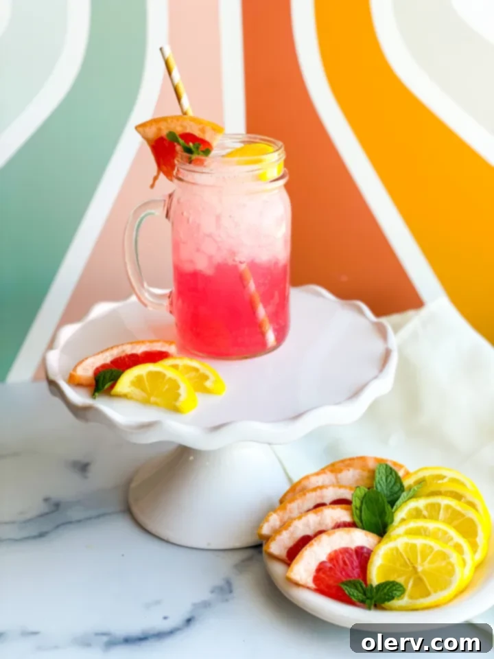 Ruby Red Grapefruit Boost 2 A vibrant Ruby Red Grapefruit Boost drink with ice, grapefruit slices, and mint garnish in a tall glass, set on a light background.