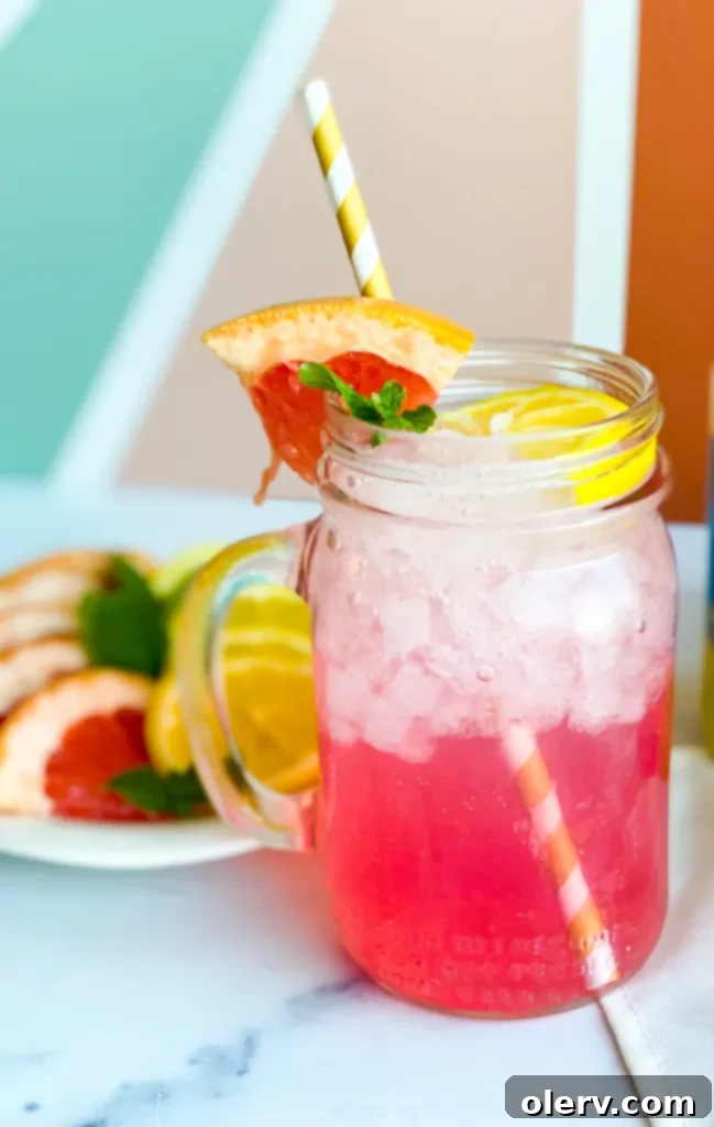 Ruby Red Grapefruit Boost 3 Close-up of the sparkling Ruby Red Grapefruit Boost drink with a straw, showing the layers of grapefruit and mint garnishes in a glass.