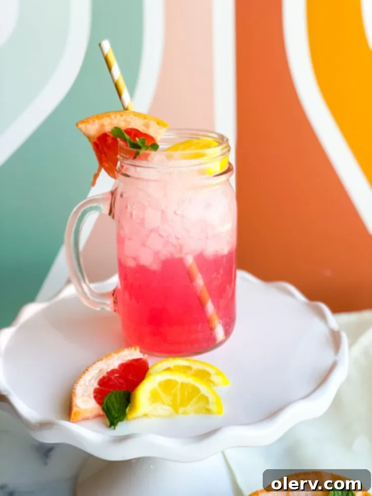 Ruby Red Grapefruit Boost 9 Ruby Red Grapefruit Boost drink with fresh grapefruit and mint garnishes in a tall glass, part of the recipe card.