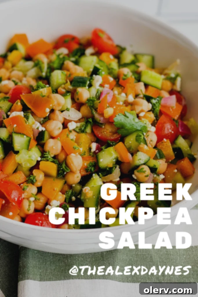 Vibrant Greek Chickpea Salad 7 Pinterest graphic encouraging saving the Greek Chickpea Salad recipe.