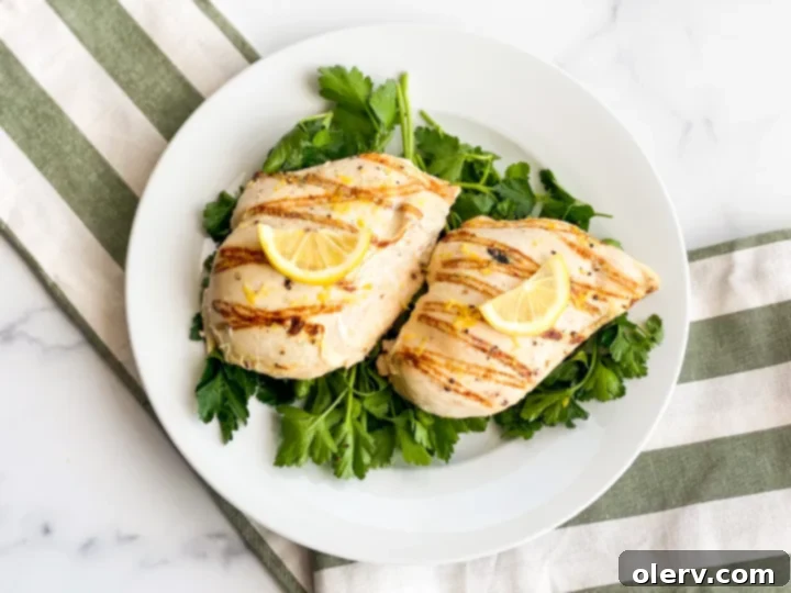Close-up of a grilled Greek Lemon Chicken breast with distinct char marks, showcasing its juicy interior.
