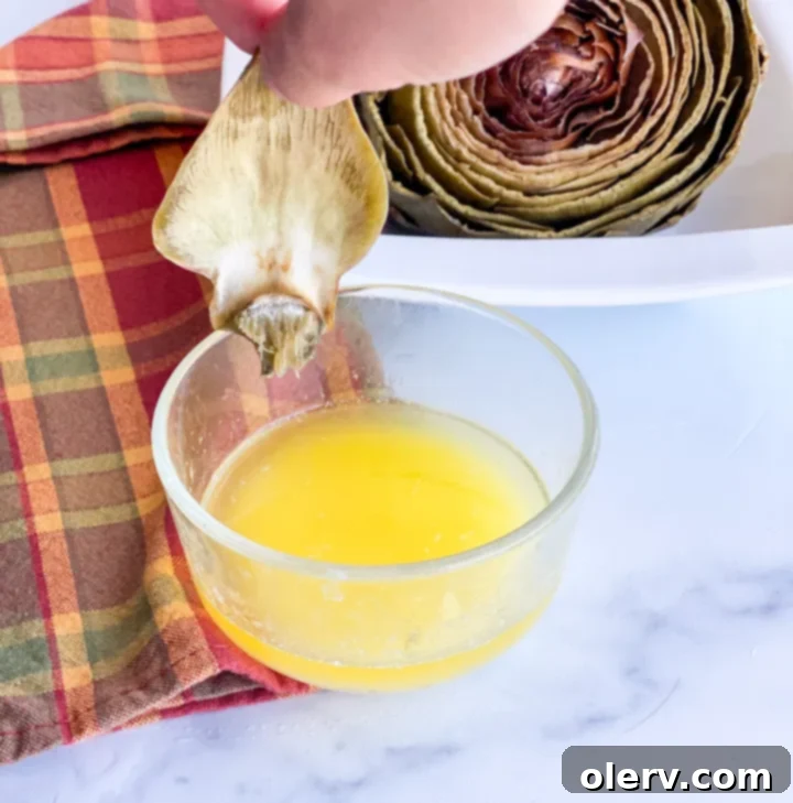 Easy Instant Pot Artichokes 5 Cooked artichoke with leaves partially removed, ready to eat, showing the tender base