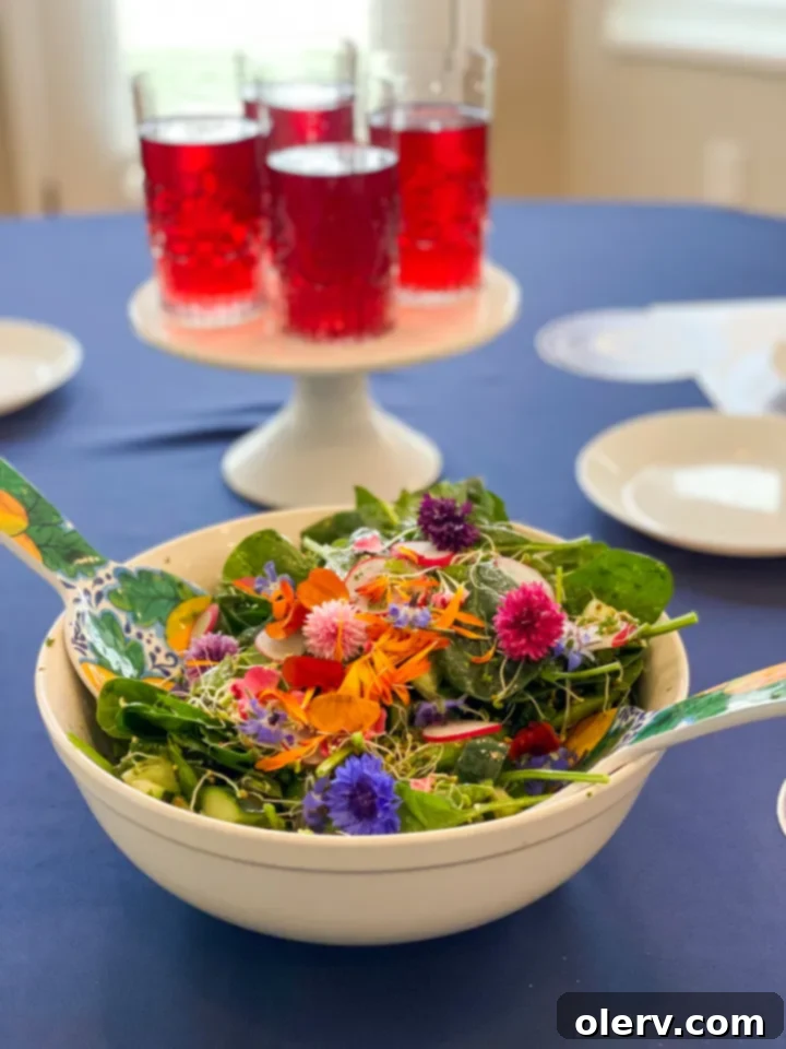 Mother's Day Celebration 4 Close-up of a vibrant spring salad adorned with colorful edible flowers