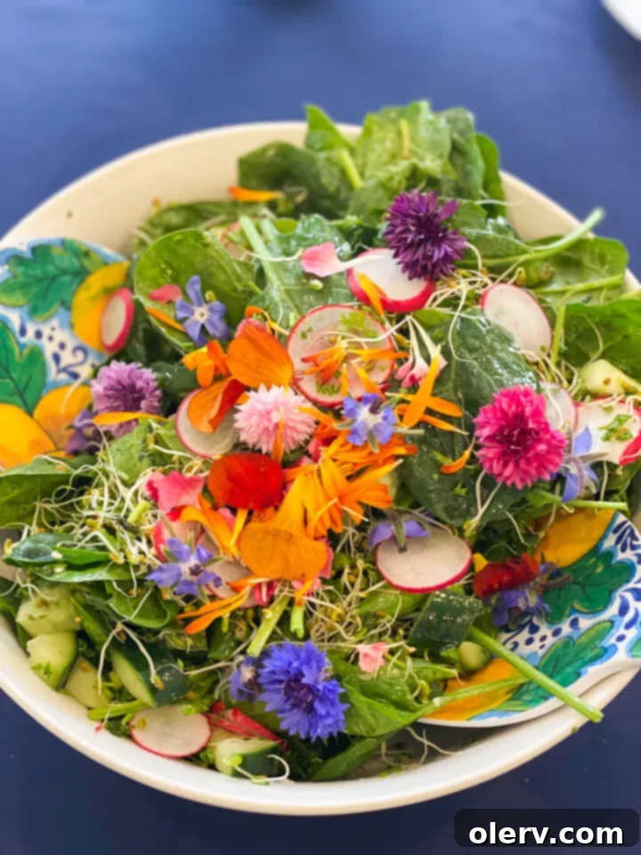 Mother's Day Celebration 7 Close-up of a refreshing Garden Spring Spinach Salad with edible flowers