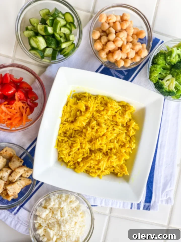 Greek Chicken Bowls 3 Two vibrant Greek Chicken Bowls ready for serving, showcasing fresh ingredients.