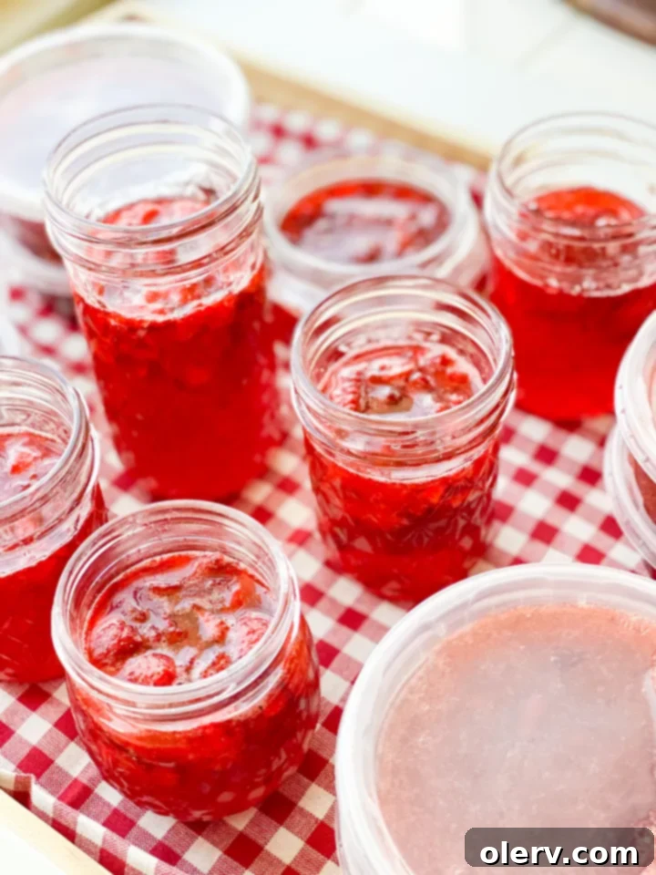 Simply Delicious Strawberry Freezer Jam 2 A beautiful jar of homemade strawberry freezer jam with fresh strawberries in the background.