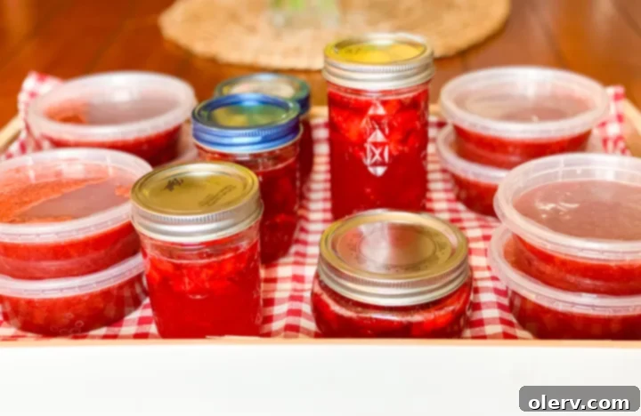 Simply Delicious Strawberry Freezer Jam 3 Close-up of freshly made strawberry freezer jam being poured into glass jars.
