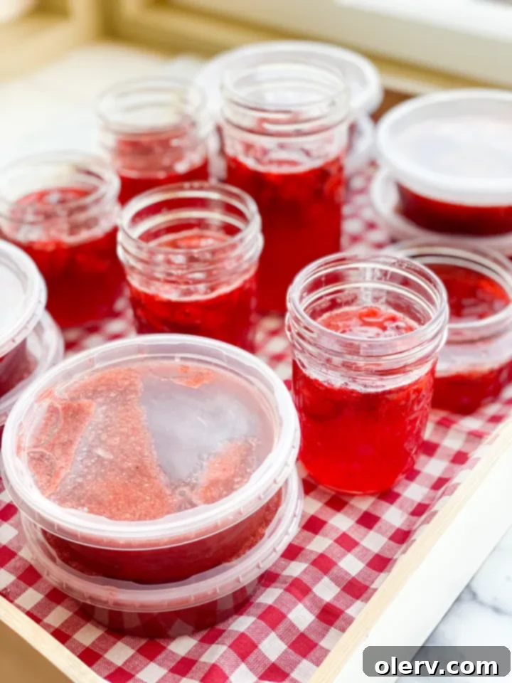 Simply Delicious Strawberry Freezer Jam 6 Small glass jars filled with homemade strawberry freezer jam, ready for storage.