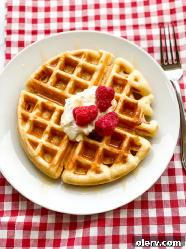Perfect Sourdough Waffles 2 Golden brown sourdough waffles stacked with fresh berries and powdered sugar, ready for breakfast.