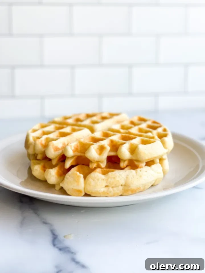 Another view of fluffy sourdough waffles, emphasizing their irresistible texture and golden crust.