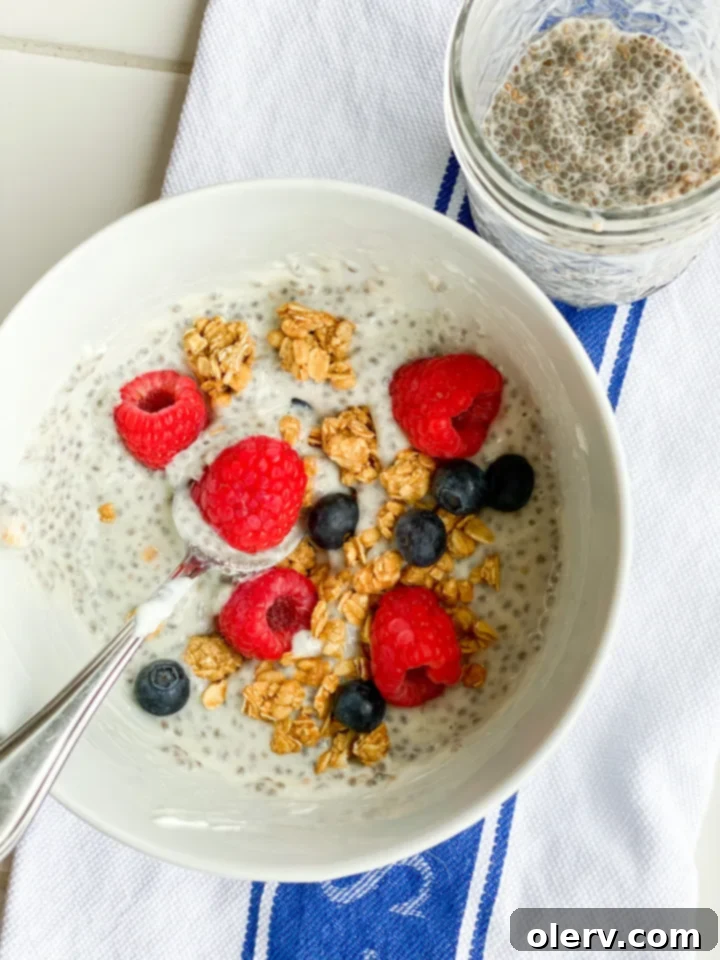 Power-Packed Chia Seed Parfait 2 Delicious Protein Chia Seed Parfait in a glass jar, ready to eat, topped with fresh berries.