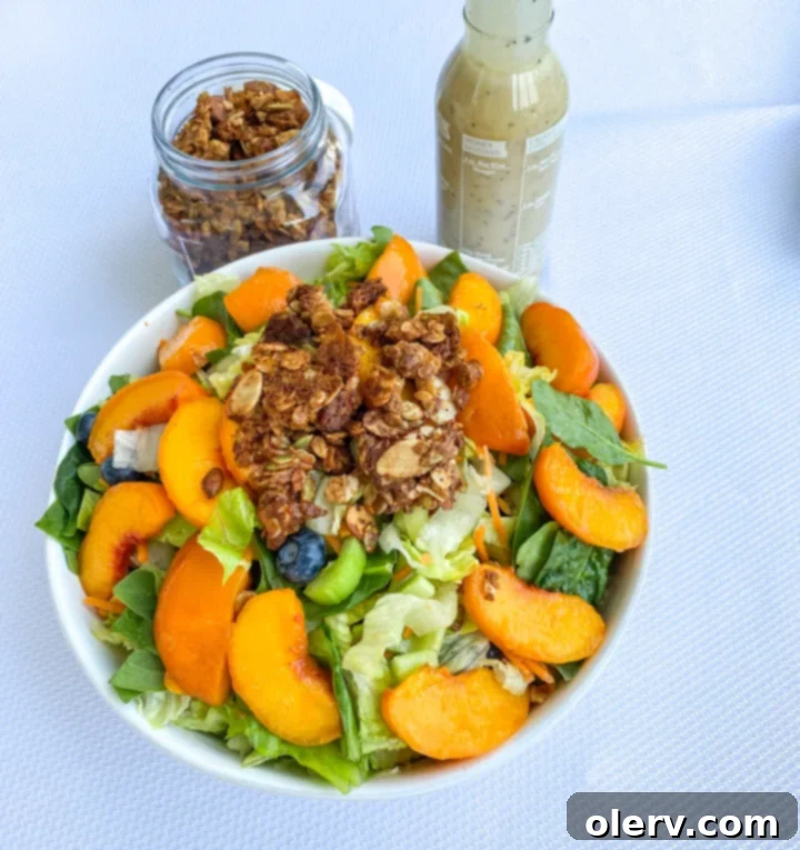 Fresh Peach and Mozzarella Salad 6 Finished peach salad with granola and dressing