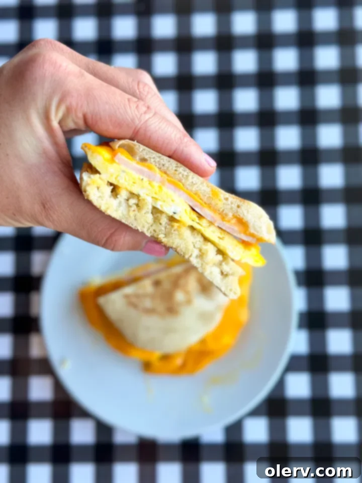 Instant Breakfast Sandwich 2 Freshly made one-minute microwave breakfast sandwich on an English muffin