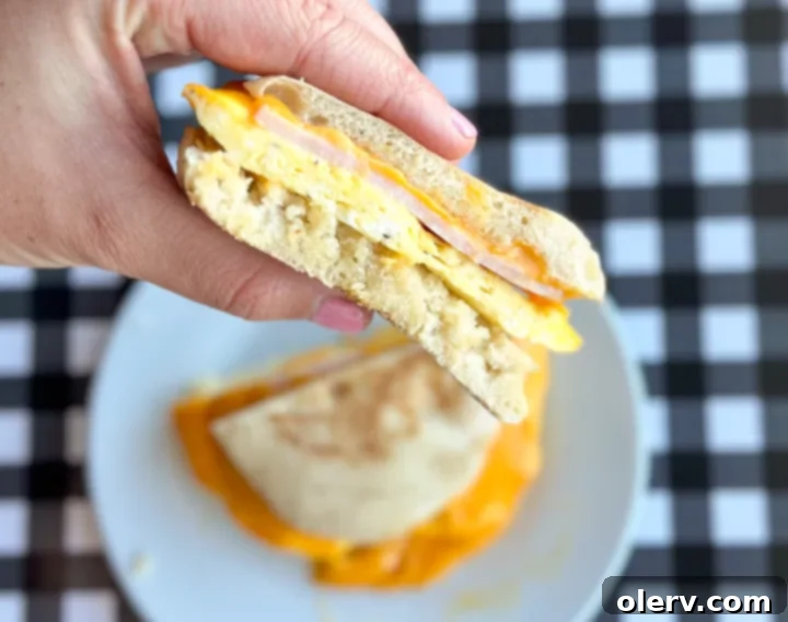 Instant Breakfast Sandwich 4 Close-up of English muffin, egg, cheese, and ham ingredients ready for assembly