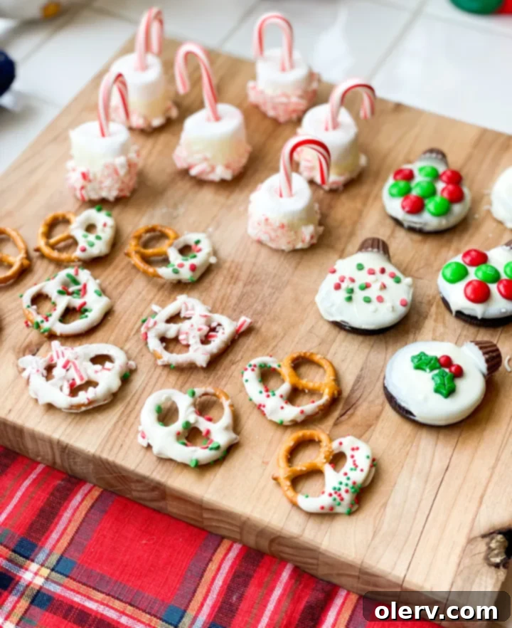 Stress-Free Holiday Goodies 3 Close-up of festive Oreo ornaments with sprinkles and mini Reese's peanut butter cup tops