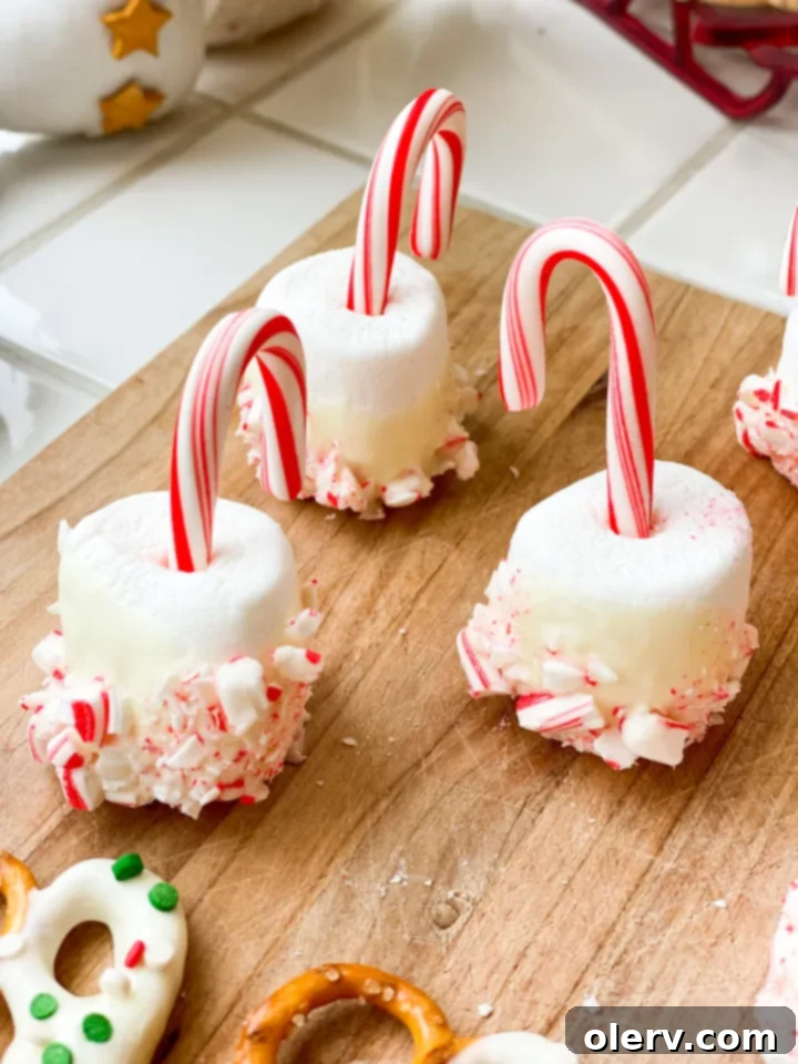 Stress-Free Holiday Goodies 5 Hot chocolate stir sticks made with white chocolate-dipped marshmallows, crushed peppermint, and mini candy canes