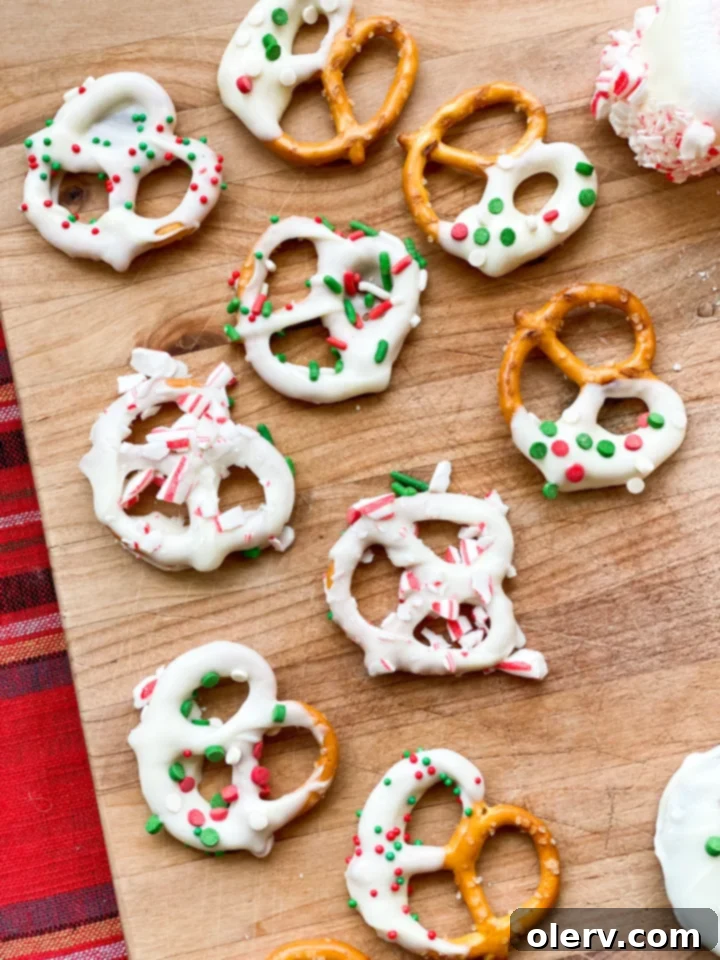 Stress-Free Holiday Goodies 6 Assortment of white chocolate-covered pretzels decorated with red and green sprinkles