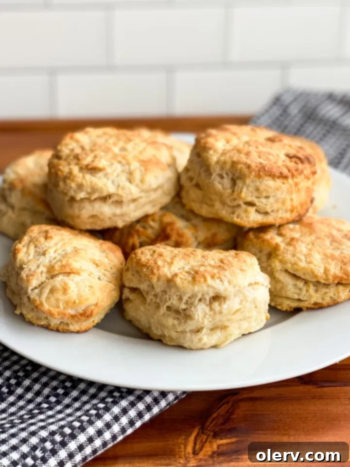 Rustic Sourdough Biscuits 2 Golden brown sourdough biscuits piled on a plate, ready to be served.