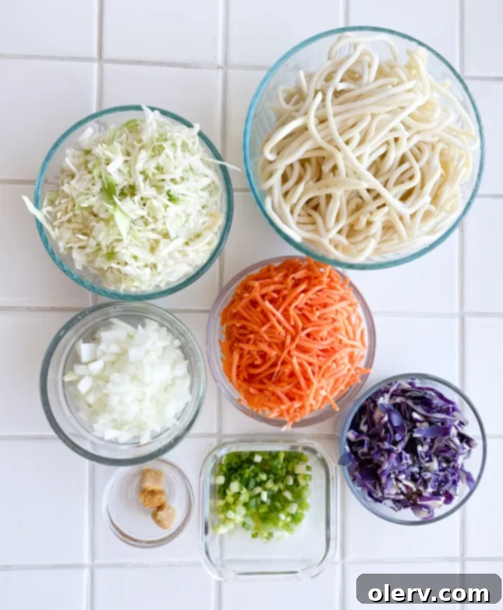 Irresistible Udon Stir-Fry 4 A bowl of vibrant stir-fry udon noodles featuring shredded cabbage and carrots, garnished with green onions.