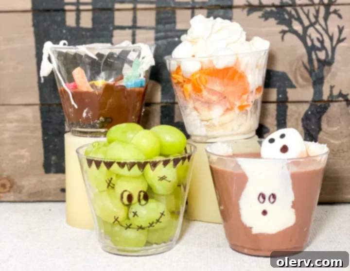Monster Munchie Cups 3 Three different Halloween snack cups: Worms & Webs, Ghost Glass, and Franken-Fruit