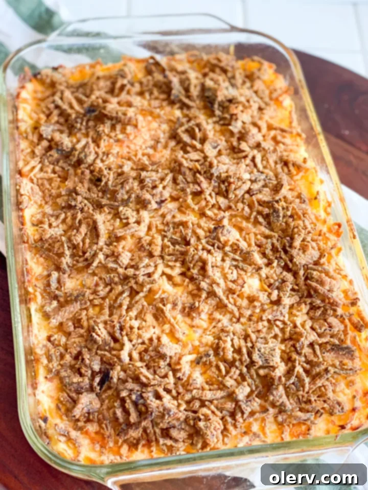 Hearty Cheesy Potato Bake 2 A close-up of a serving of golden-brown Funeral Potatoes, showing the crispy onion topping and gooey cheese.