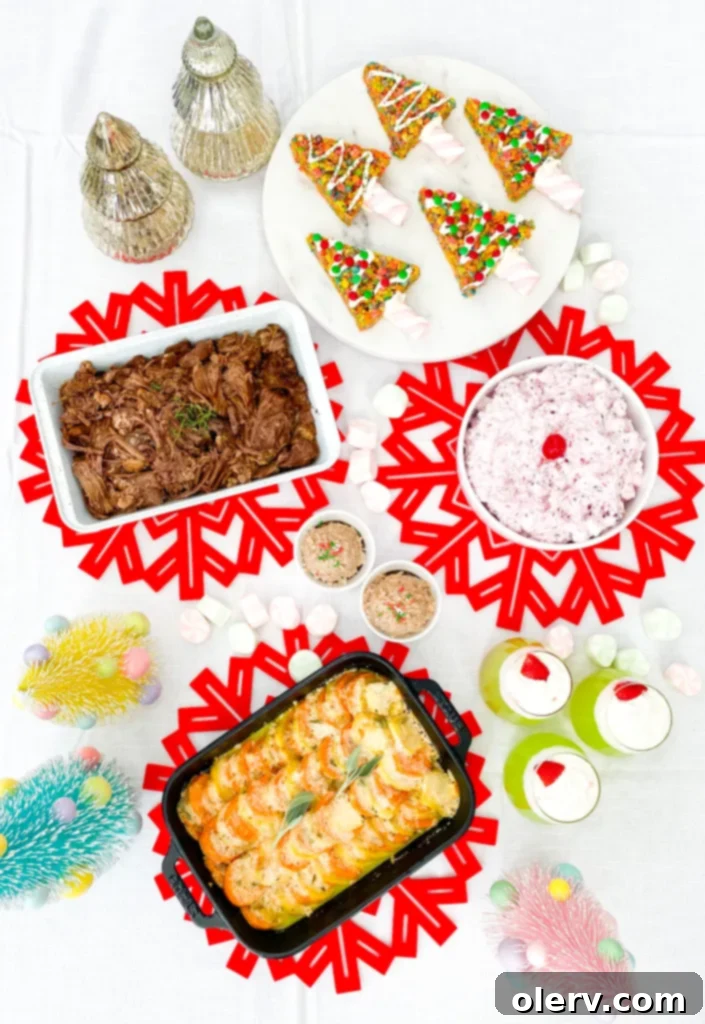 The Grinch's Feast 2 Grinch dinner table spread with various Whoville-themed dishes