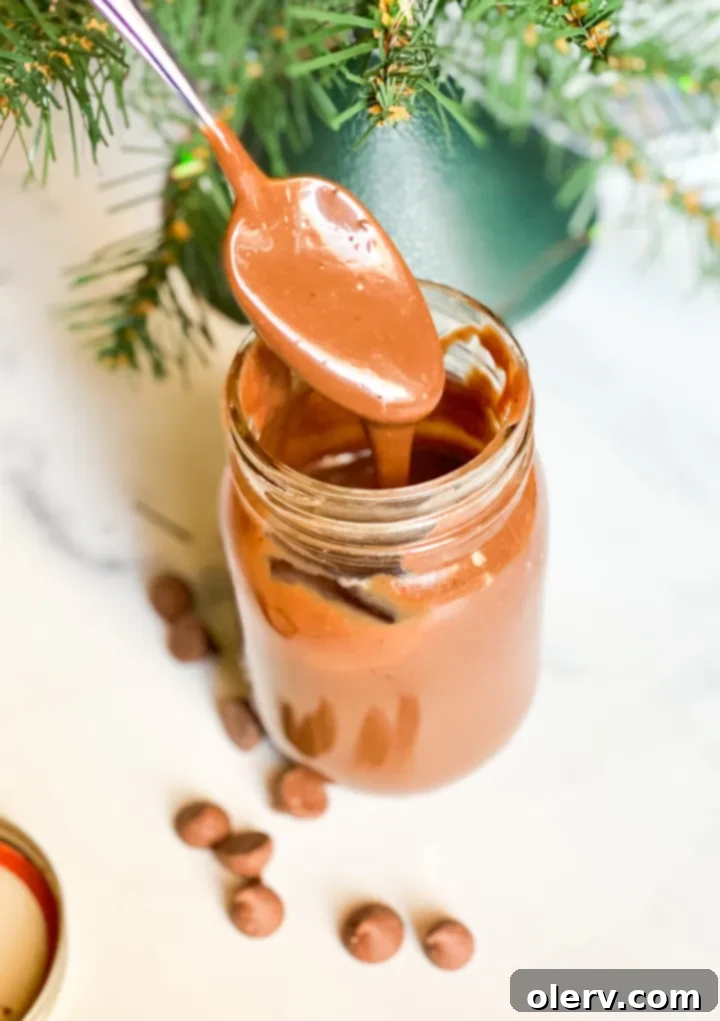 Decadent Hot Fudge Sauce 2 Delicious homemade hot fudge sauce in a glass jar, ready to be served over desserts.